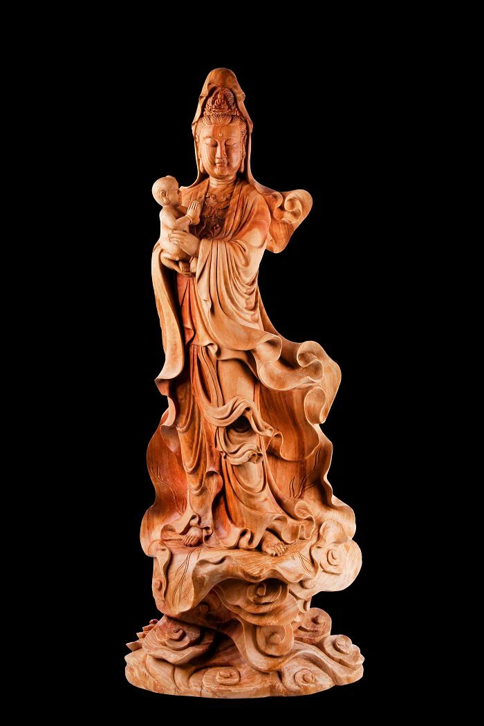 Hand-carved Wooden Guanyin With Children